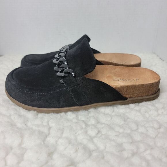 Vionic Georgie Women's Size 7.5 Slip On Mule Shoes Black Suede Accent Chain - Picture 3 of 10